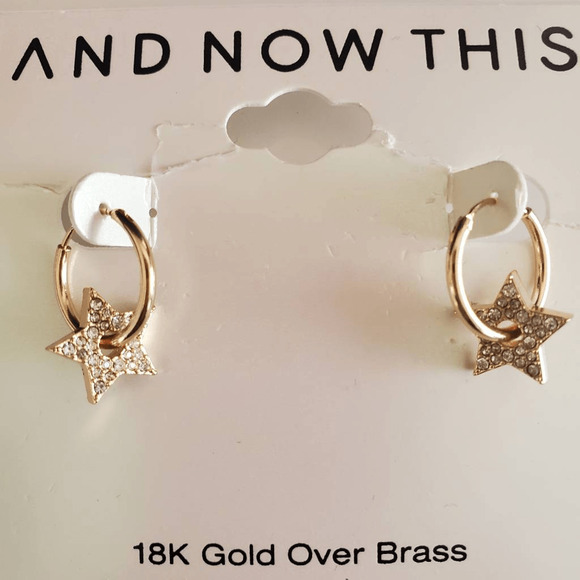 AND NOW THIS 18K Gold Plated Pave Stars Hoop Earrings -‎ Snap Closure NWT - Picture 1 of 6